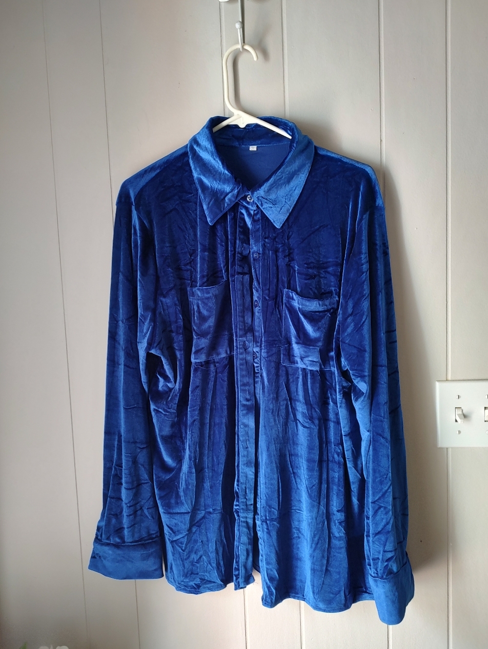 Royal Cerulean Blue Stretch Velvet Button-Up Collared Dress Shirt 2XL